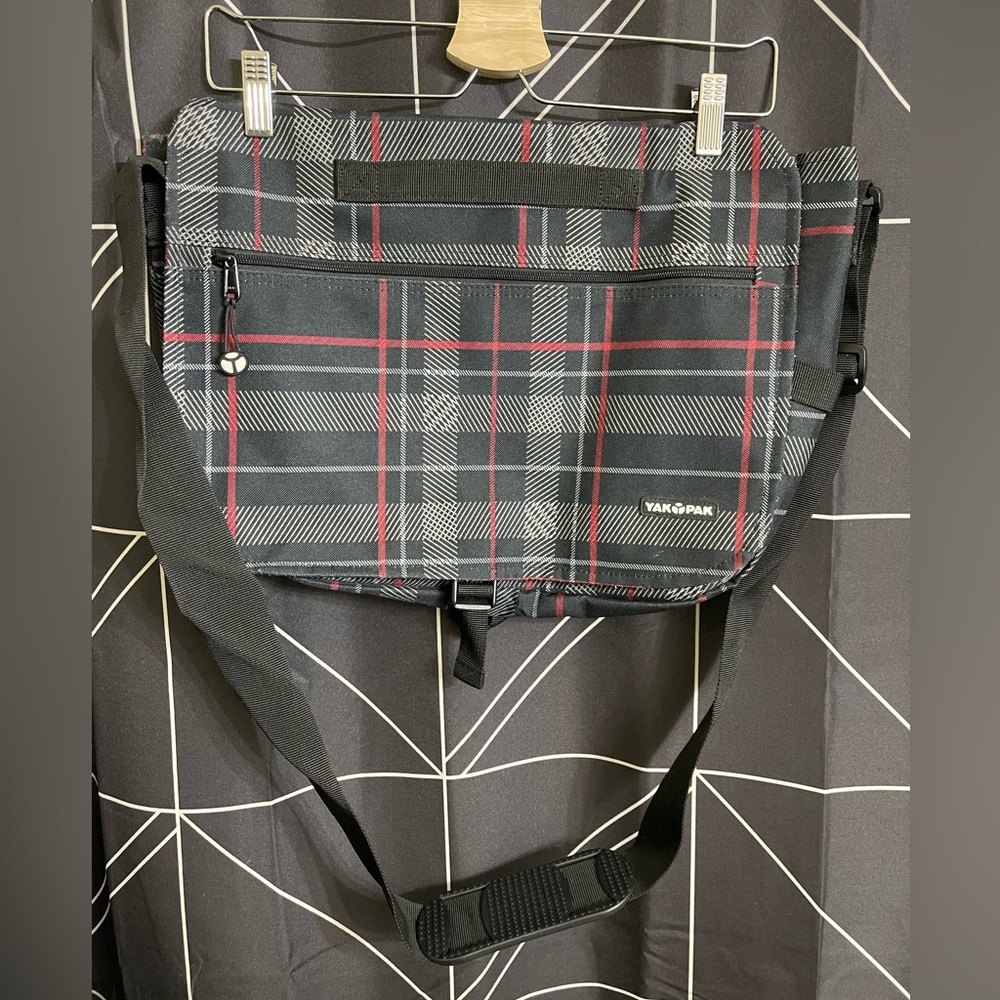 Vintage satchel style bag. Yak Pak. Lightly used. Black, grey & red plaid